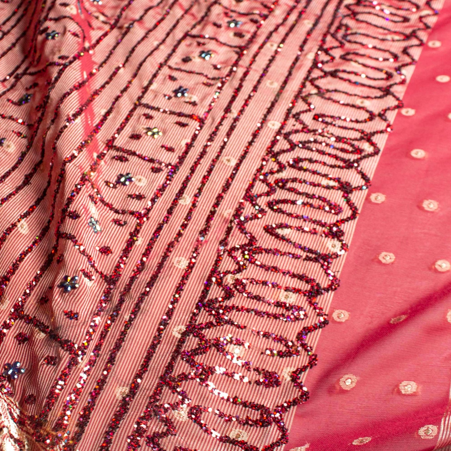 Sari - Siden Chiffong Röd Guld Glitter 62