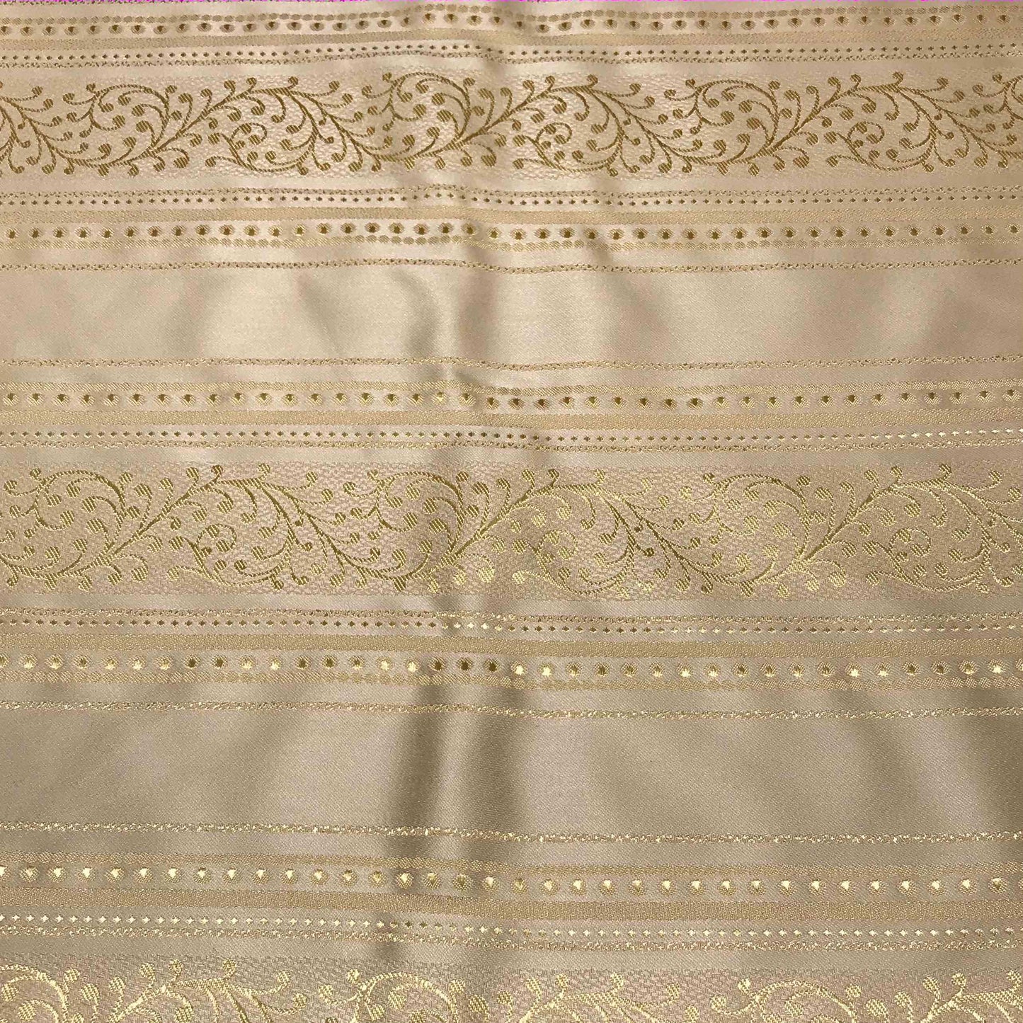 Grovt Bomullstyg - Beige Benvit Guld Bladslingor Linjer Randigt 5