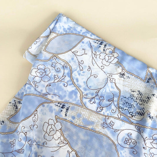 Mönstrade Modetyger - Tyg Mode Crepe Blommigt Ljusblå Beige Vit 27