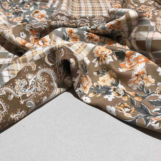 Mönstrat Viskostyg - Mjuk Beige Vit Brun Orange Paisley Blommigt 88