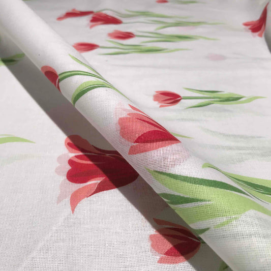 Mönstrat Bomullstyg - Vit Röd Grön Blommigt 8