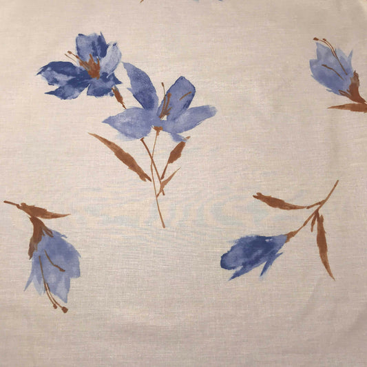 Mönstrat Bomullstyg - Benvit Brun Blå Blommor 10