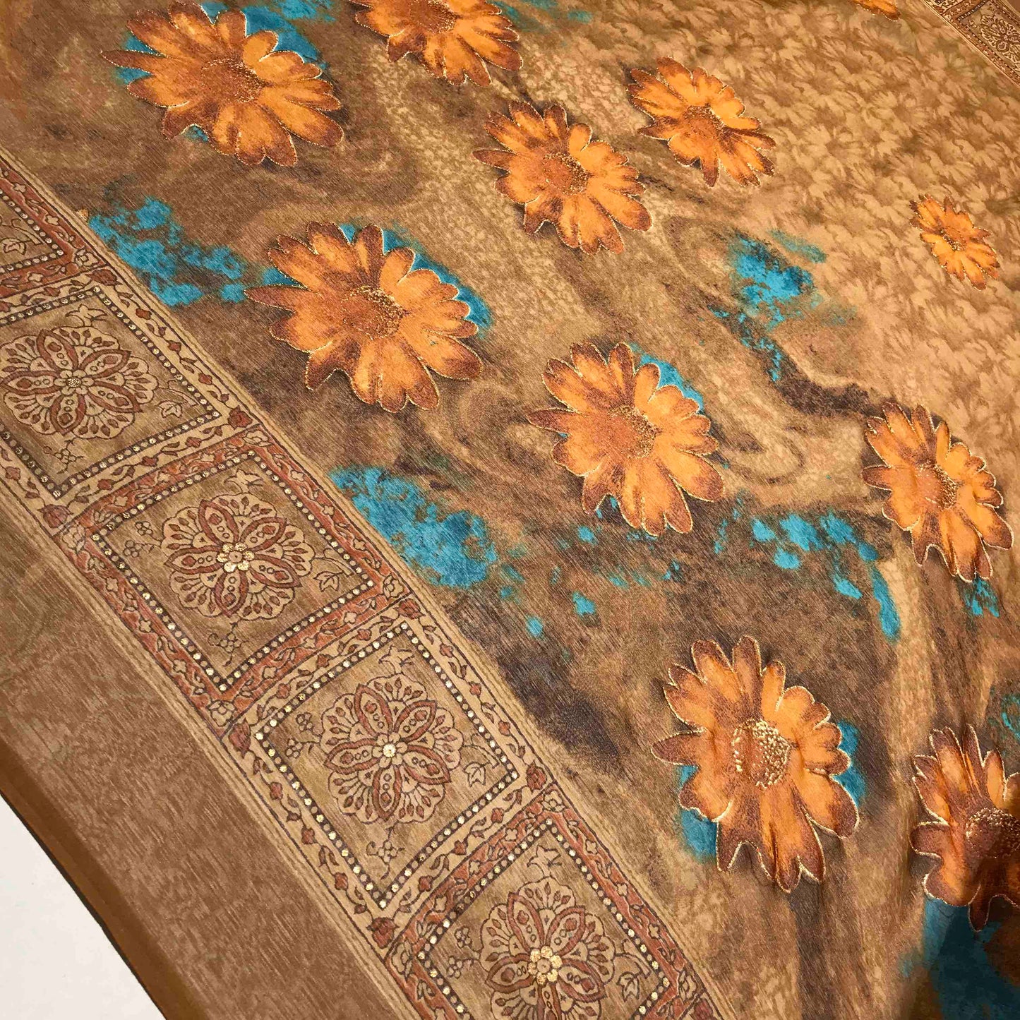 Mönstrade Chiffongtyger - Chiffong Skimmer Guld Brun Orange Blå Blommigt 34