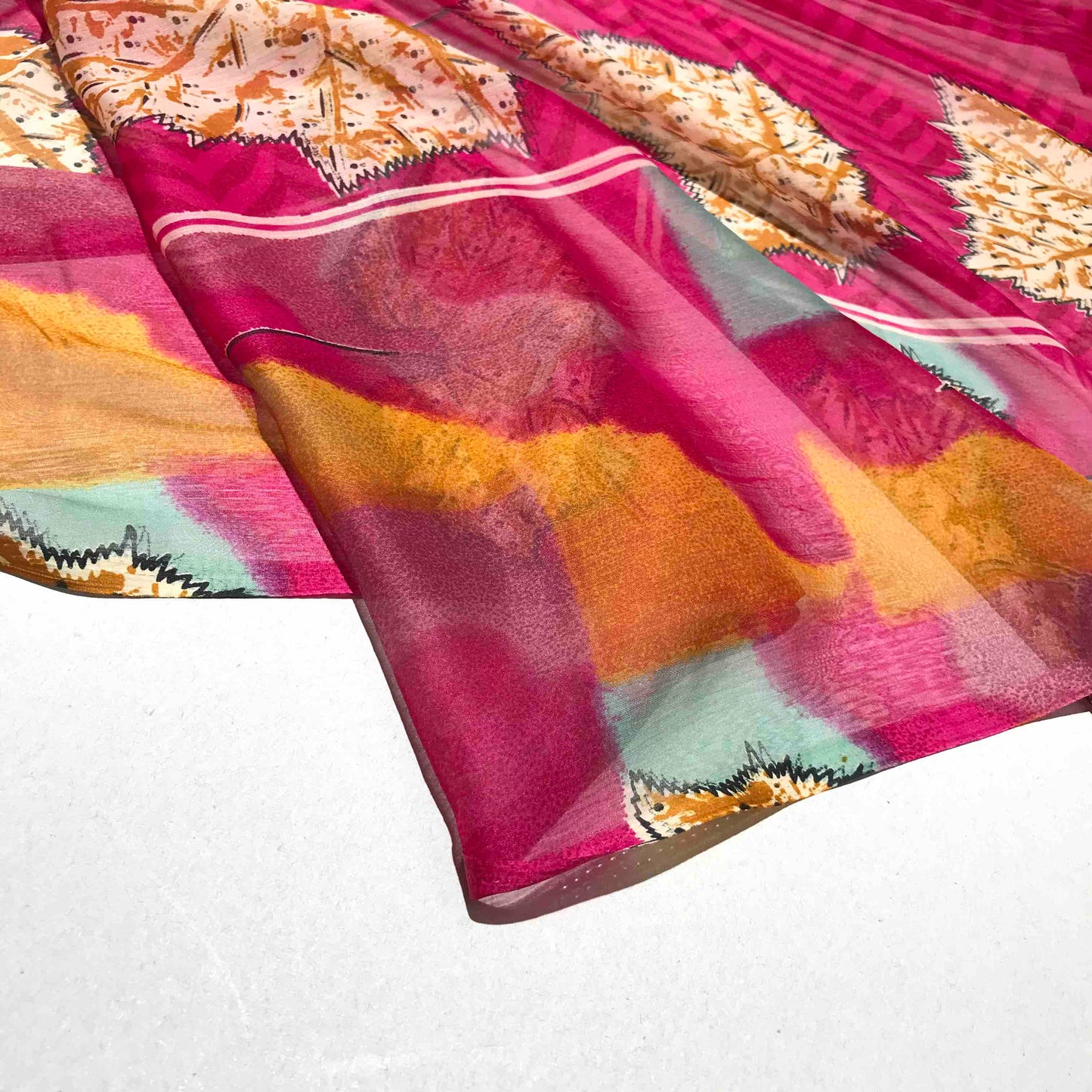 Mönstrade Chiffongtyger - Chiffong Cerise Orange Brun Blå Blad 36