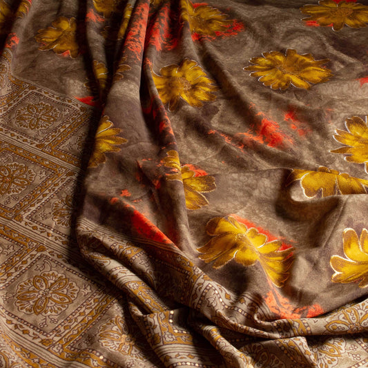 Mönstrade Modetyger - Crepe Mode Tyg Skimmer Guld Brun Röd Gul Blommigt 88