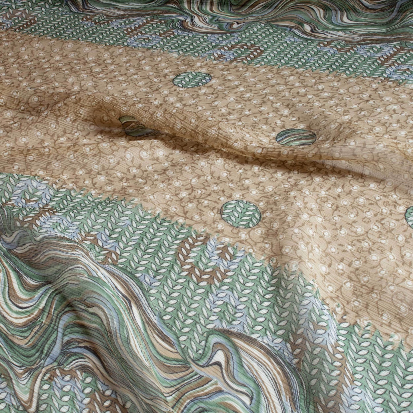 Mönstrade Chiffongtyger - Chiffong Grön Beige Brun Blommigt Border Paljetter Rapport 112