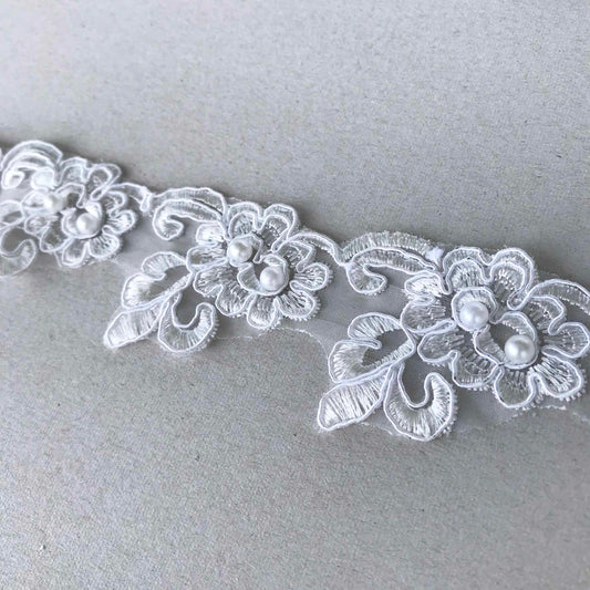 Brudspets band - Brud Bröllop Spets Vit Blommor Och Blad Med Pärlor 36