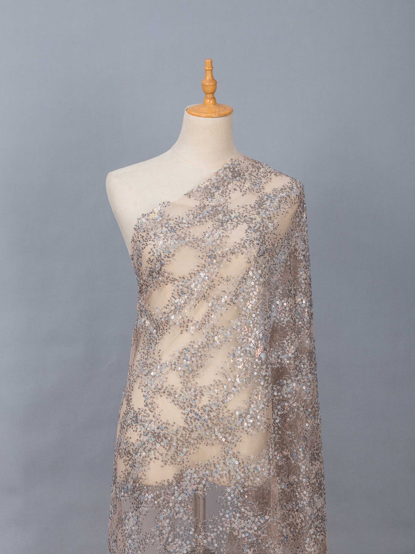 Broderat Tylltyg - Spets Simone Paljettyg Silver Blå Beige Rose 18
