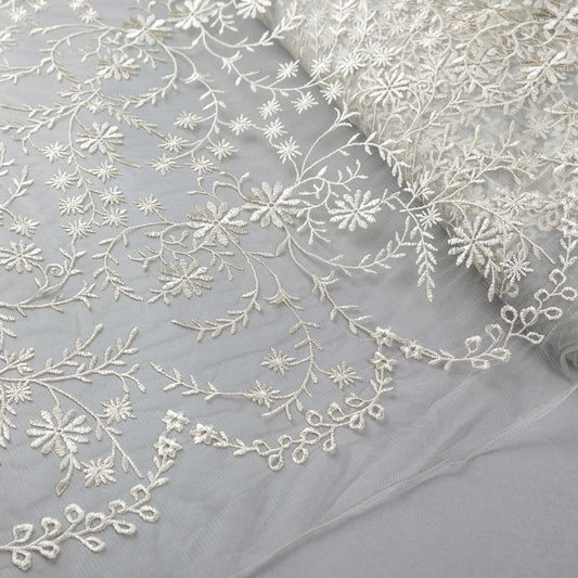 Broderat Tylltyg - Tyg Festyg Tyll Spets Fernanda Smala Blommor och Blad Blommigt Beige Grå 21