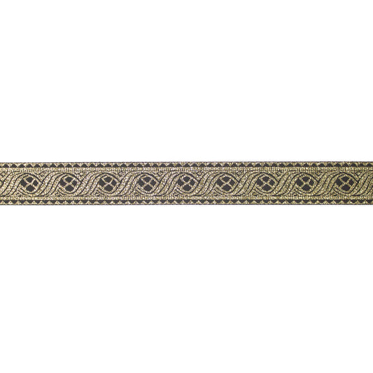 Jacquardband svart och guld med scrollmönster och cirkulära motiv, orientalisk stil