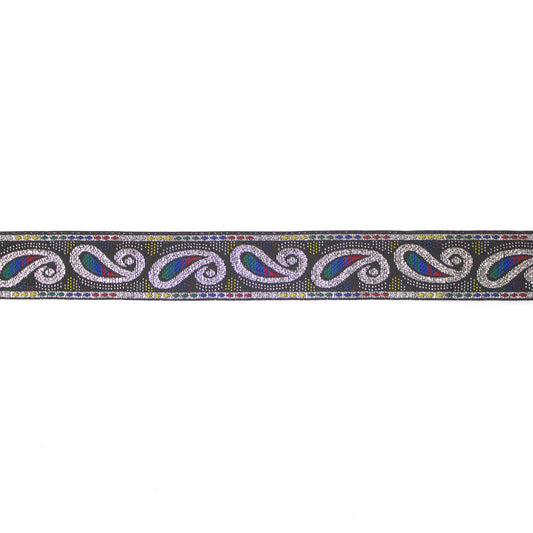 Jacquardband svart med silver paisleymotiv och flerfärgade prickar, 2,5 cm