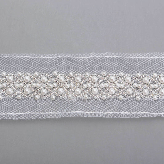 Pärlband - Mona Lisa - Tygband Strass Benvita Pärlor Benvit 46