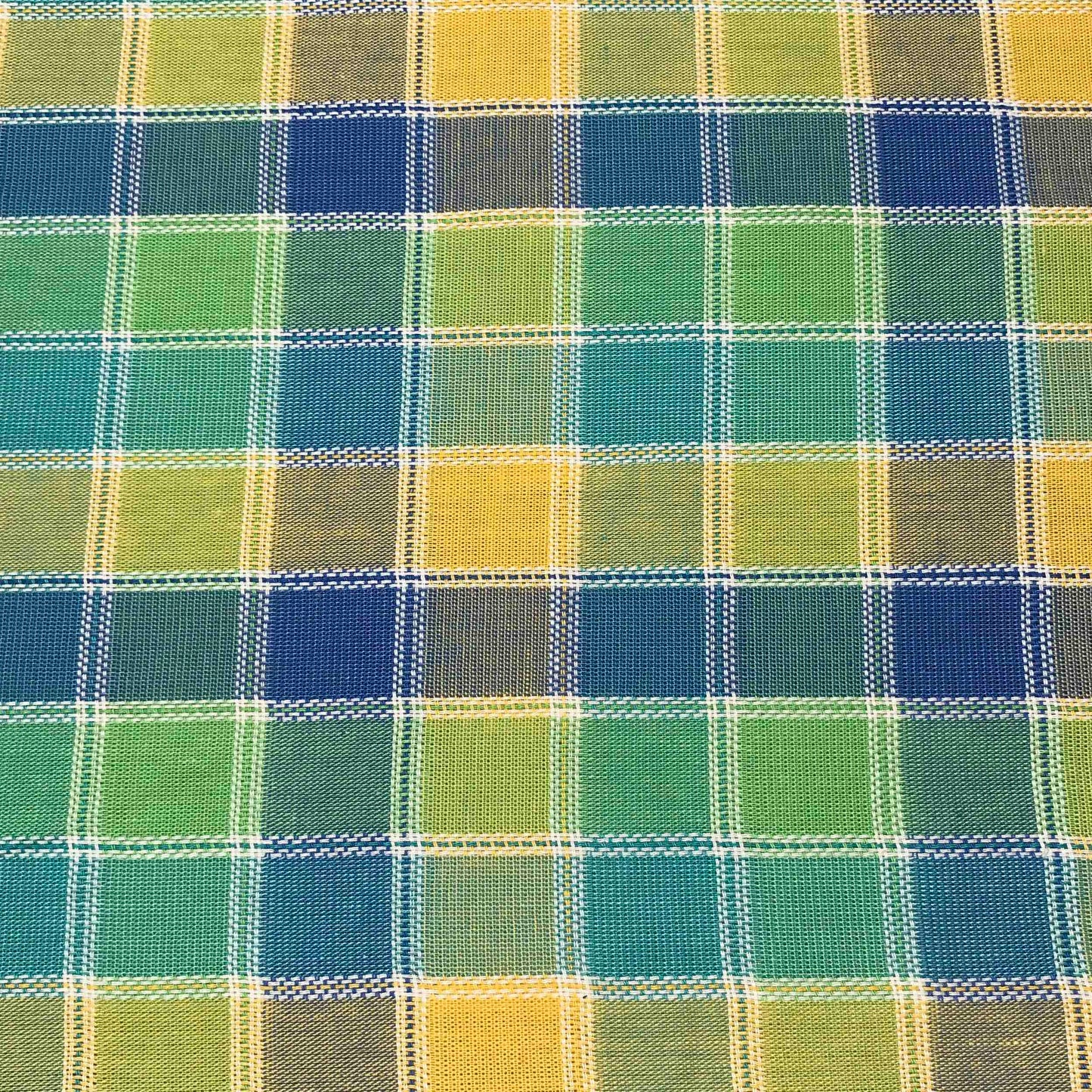 Mönstrat Bomullstyg - Ljusgul Gul Blå Grön Rutigt 5