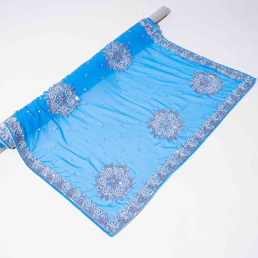 Sari - Blå Chiffong Silver / Vit Brodyr Silver Strass 15