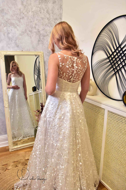 Brudspetstyg - Brud Bröllop Tyg  Spets Tyll Sensommar Bladslingor Benvit 15