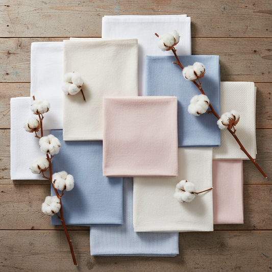 Bomullstyg i olika färger — vitt, cream, ljusblått och rosa bomullstyg med bomullskvistar