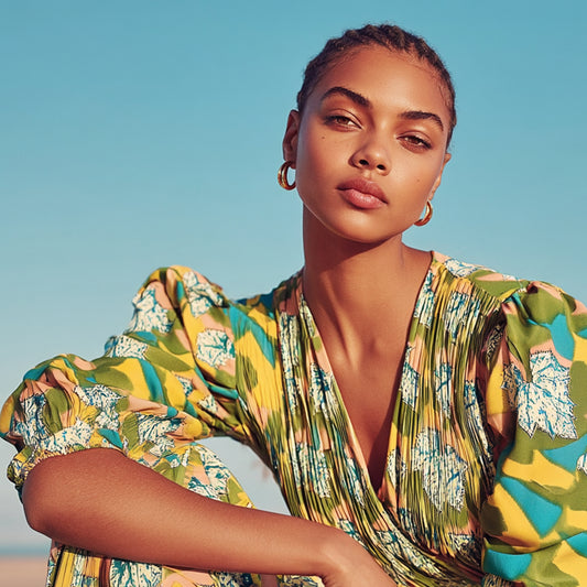 Mönstrade Modetyger - Crepe Tyg Gul Grön Blå Blad 40