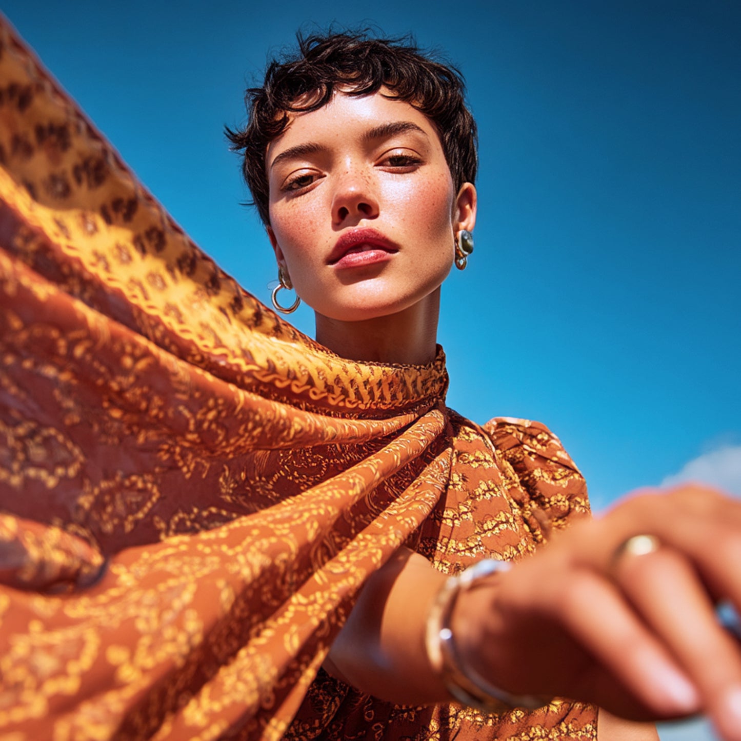 Mönstrade Modetyger - Tyg Crepe Brun Orange Blommigt Damask 150