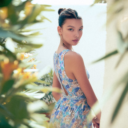 Mönstrade Modetyger - Mode Tyg Crepe Blommigt Blå Ljusblå Turkos Beige 25