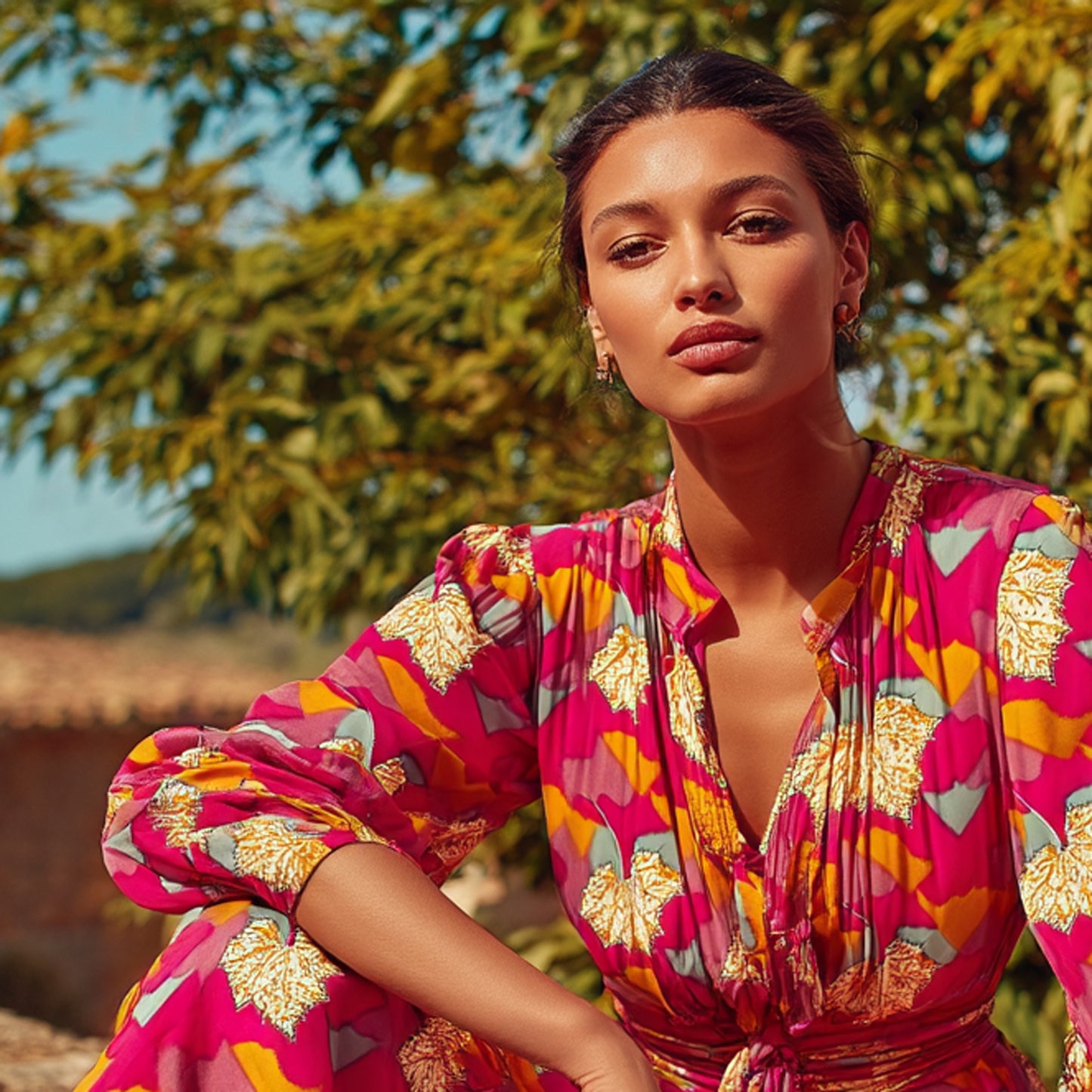 Mönstrade Modetyger - Mode Tyg Crepe Retro Gul Rosa Cerise Blå Blad 82