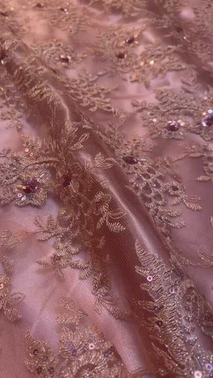 Broderat Tylltyg - Tyll Spets Alba Strass Paljetter Blommigt Rosa 17
