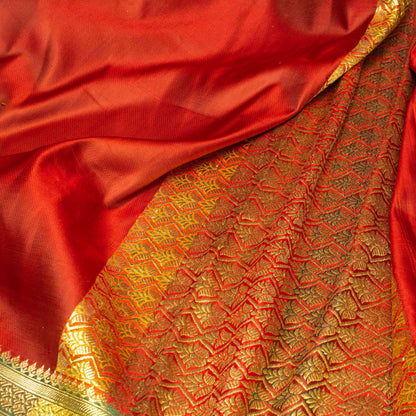 Sari - Siden Röd Orange Guld Blommigt 65