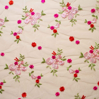 Broderat Tylltyg - Spets Spetstyg Rosa & Aprikos & Röda Blommor På Benvit Tyll
