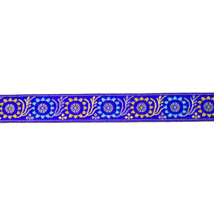 Jacquardband kungsblå med blommönster i brons turkos och ljusblå, 3 cm brett dekorband