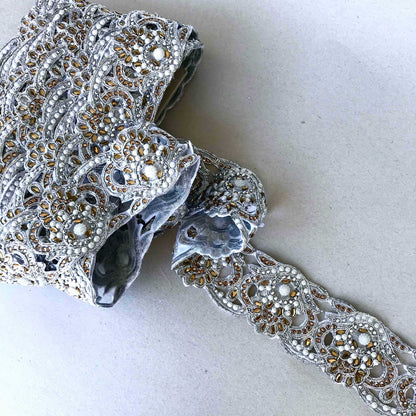 Band - Shimmer De Royale - Tygband Silver Guld Strass Vita Pärlor 37