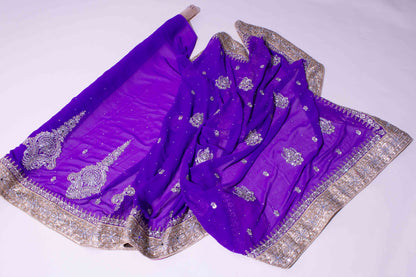 Sari - Lila Chiffong Guld Brodyr Silver Strass 30